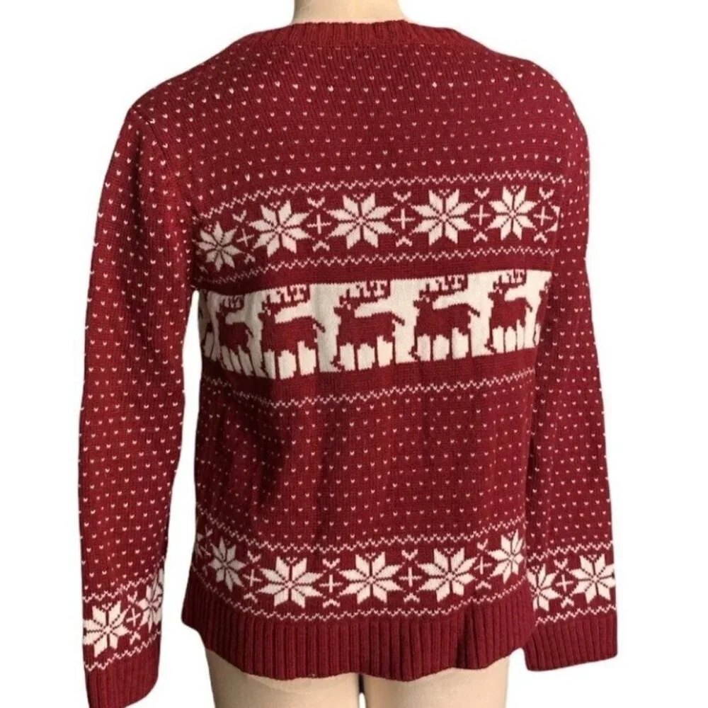 POL Maroon/Burgundy Red Reindeer Snowflake Fair Isle Sweater Sz L #216H - Picture 5 of 10